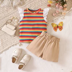 Wholesale toddler girls clothing sets rainbow stripe fly sleeve shirts+shorts casual children two piece summer sets