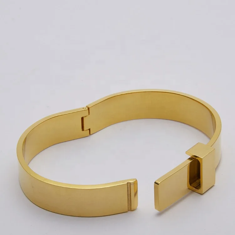 18K Gold Plated Stainless Steel Jewelry Wide Belt Cable Tie Design Bangles Punk Cuff Bracelets B8722