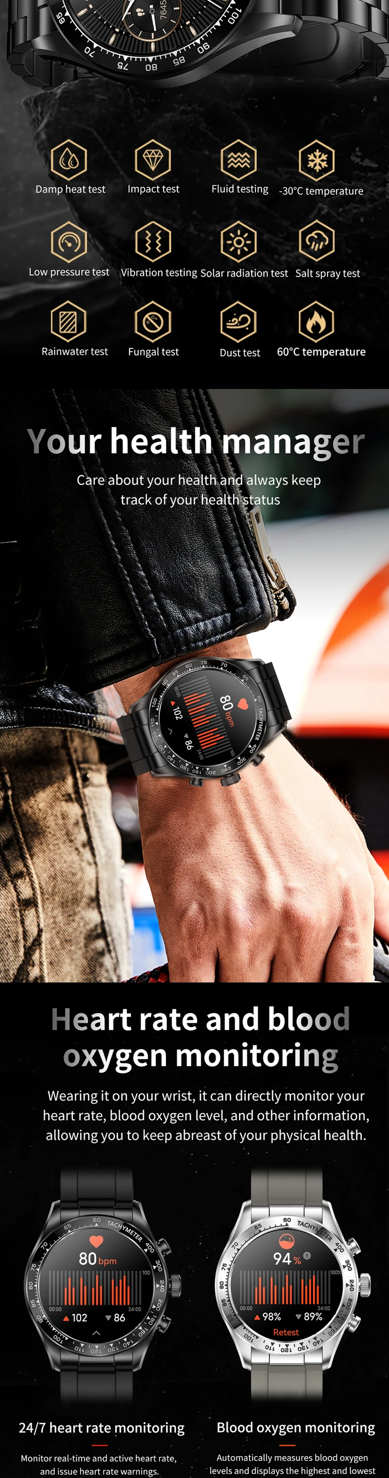 product km95 smart watch premium for men with heart rate blood oxygen monitor smartwatch stainless steel double straps 2025 new arrival-2
