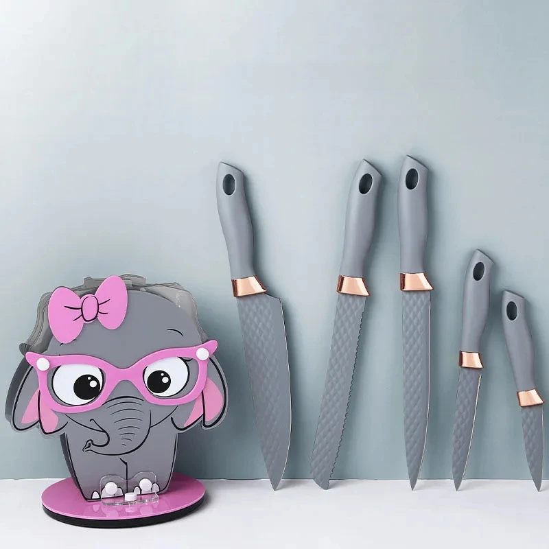 Hot Sell Cute Animal 6pcs  Kitchen Knives Knife Set Stainless Steel Non-stick Diamond Pattern With Cartoon Elephone stand
