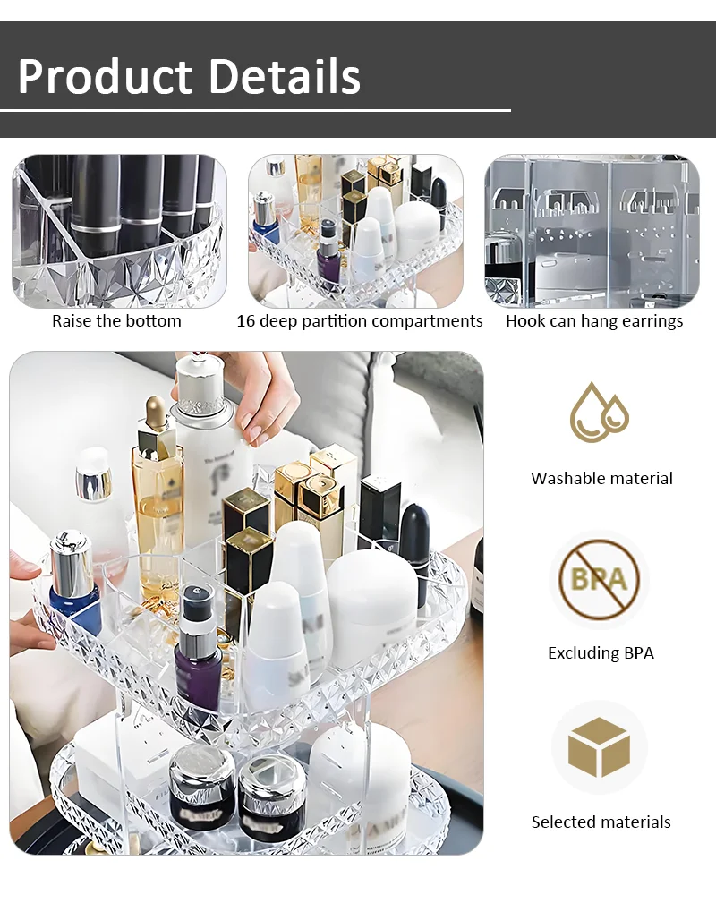 product hot products light luxury 360 degree rotating transparent plastic adjustable cosmetic organiser rotating make up organiser-9