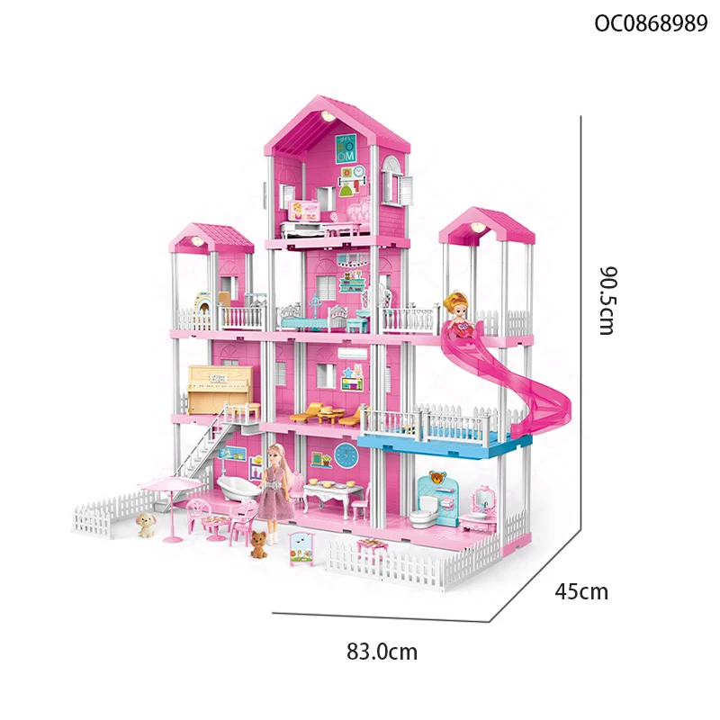 4 layers luxury pink miniature dollhouse accessories for girls with furniture