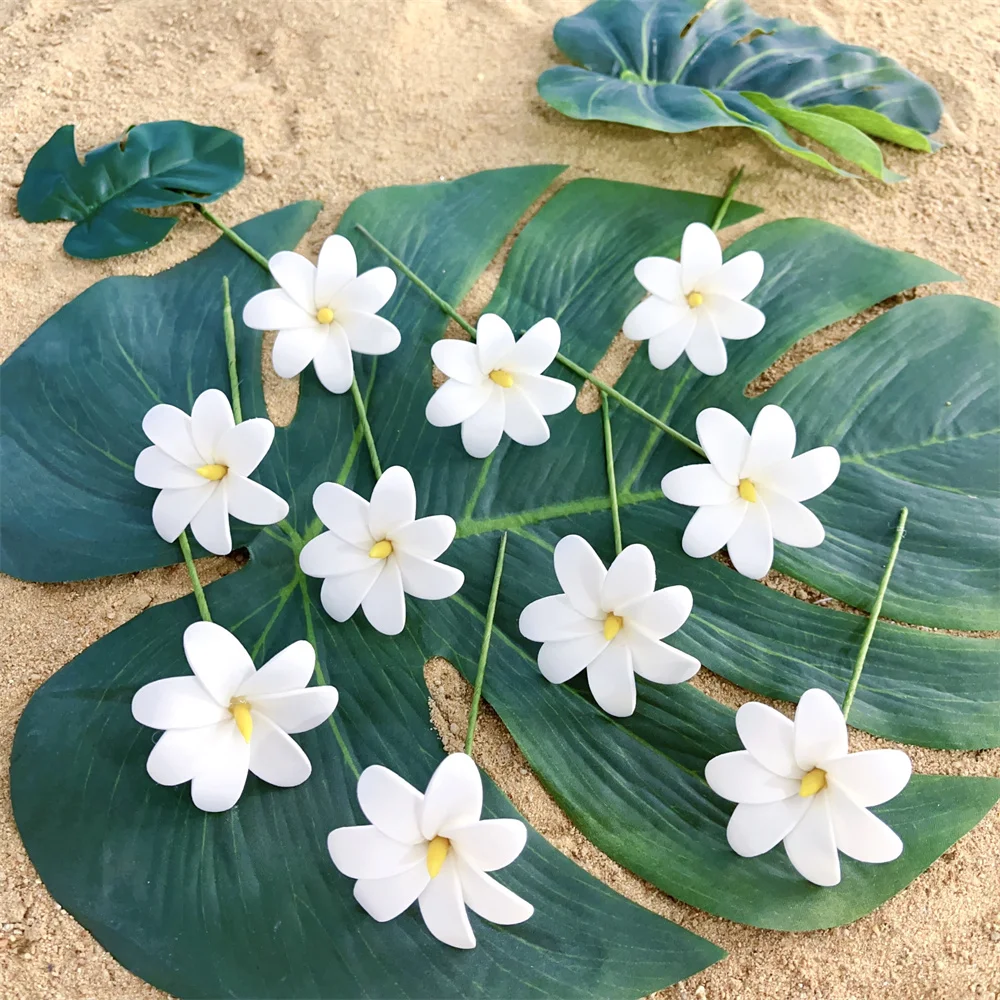 5CM EVA Hawaii Island Artificial White Foam Plumeria w Yellow Tip Head Flower Ear Pick Hair Accessories hair flower