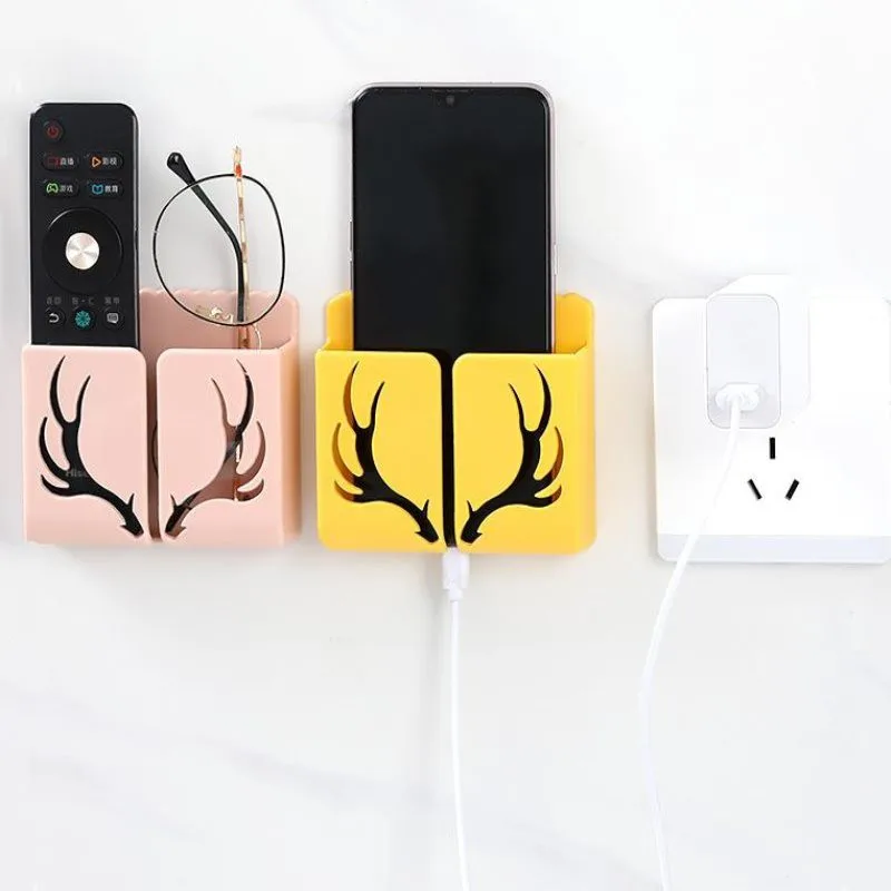 2024 Cheap Home antler TV mobile phone racks remote control storage box bedroom free punch wall hanging shelf wall storage rack