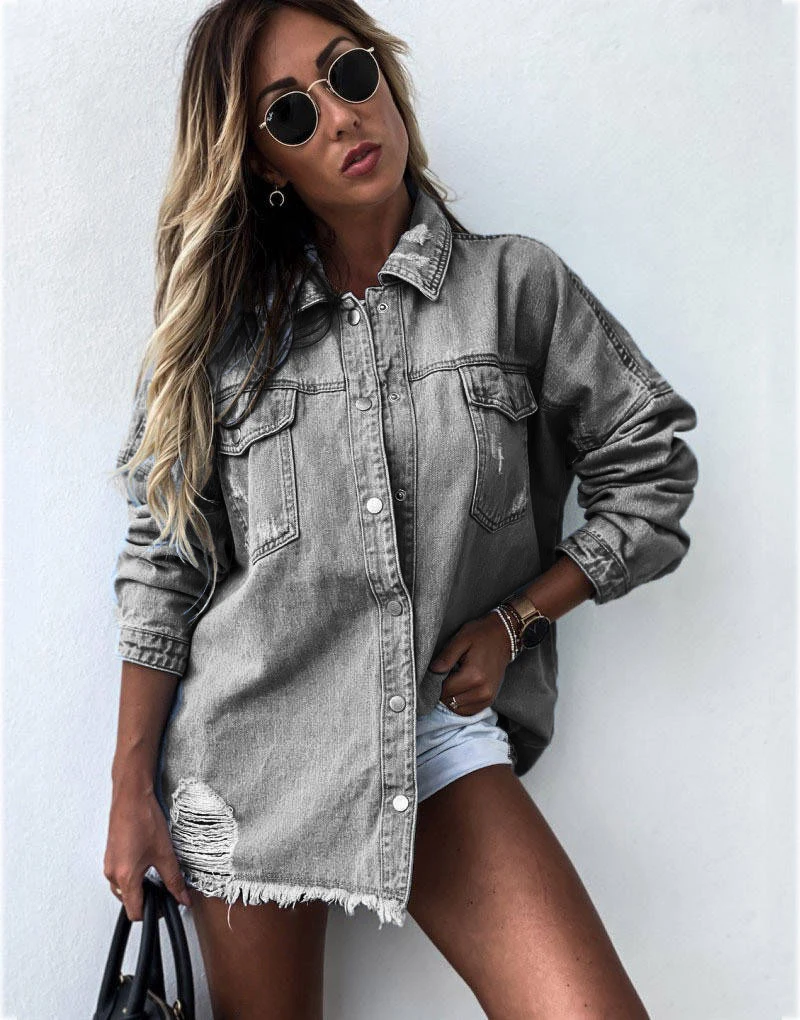 Women's Vintage Ripped Long Jean Jacket Coat Button Denim Jeans with Cotton Filling Breathable Solid Pattern supplier
