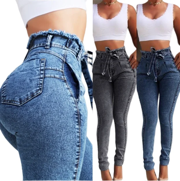 Women's High Waist Slim Stretch Denim Jeans Streetwear Bodycon Tassel Belt Bandage Skinny Push-up Style Button Hole Decoration factory