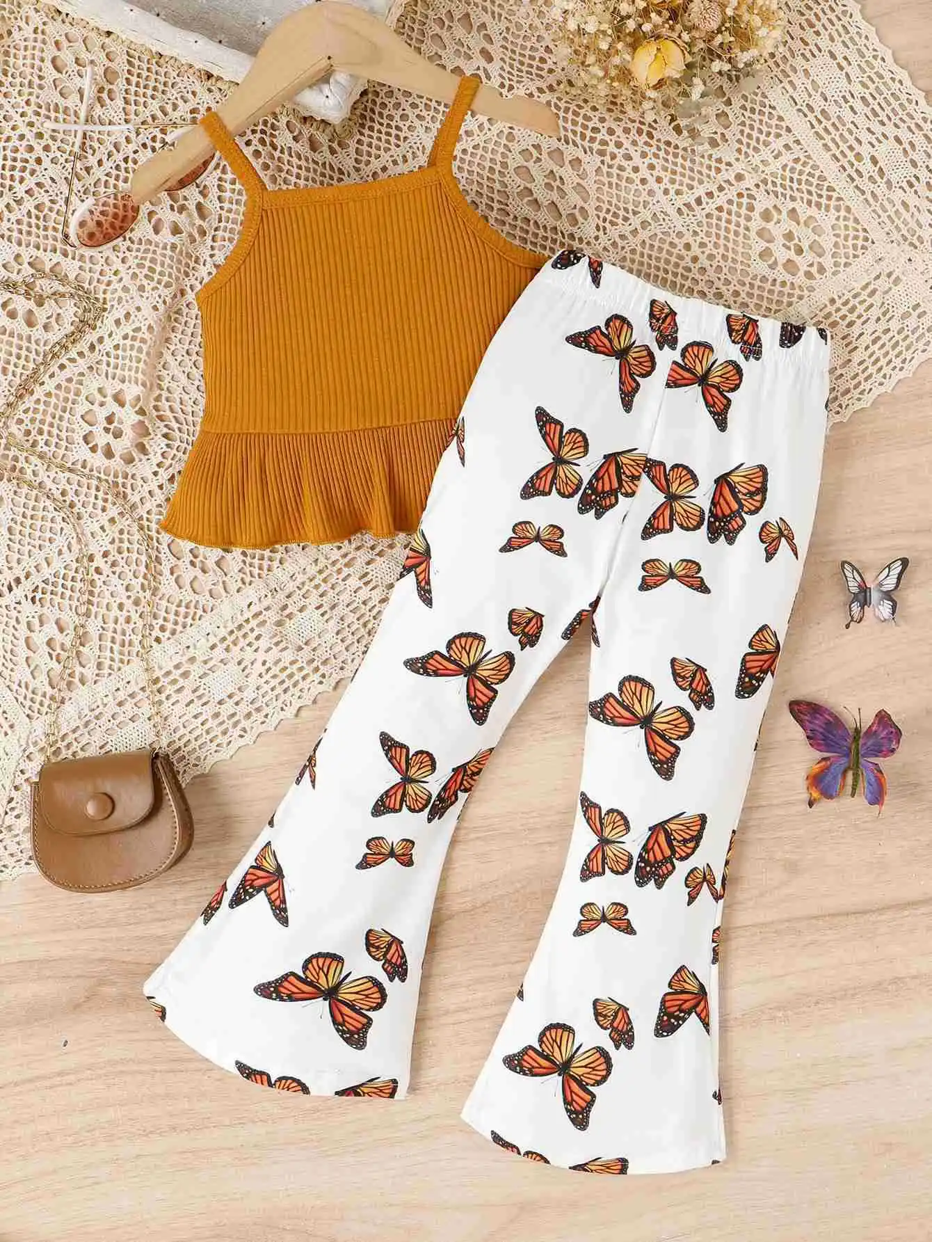 New trendy summer outfits toddler girls sleeveless tops+butterfly printed flare pants boutique two piece clothing for kids
