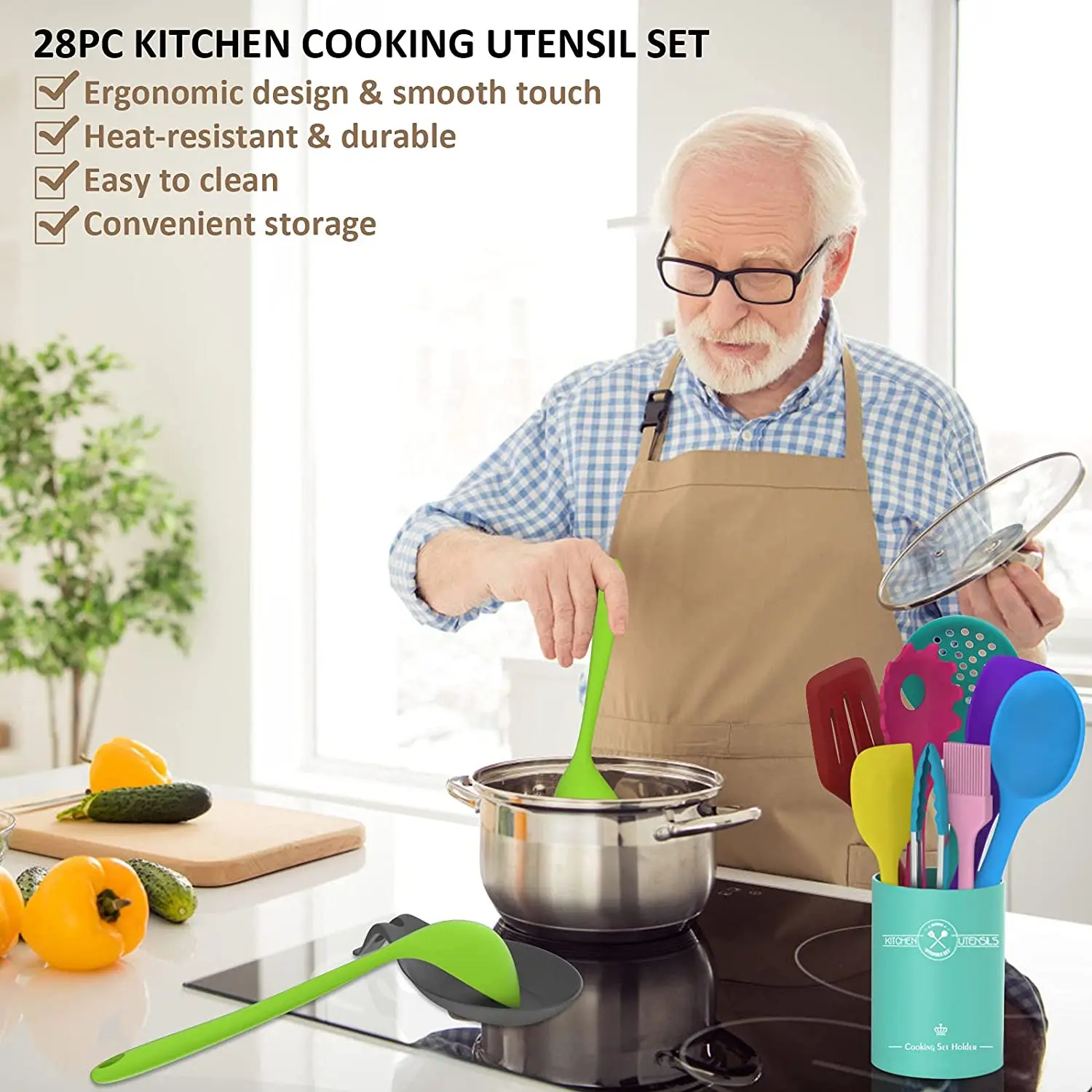 Hot Selling 28 Pieces Silicon Utensil Sets with Holder For Cooking Tools Hot Sell or Picnic Custom Kitchen  Home Serving