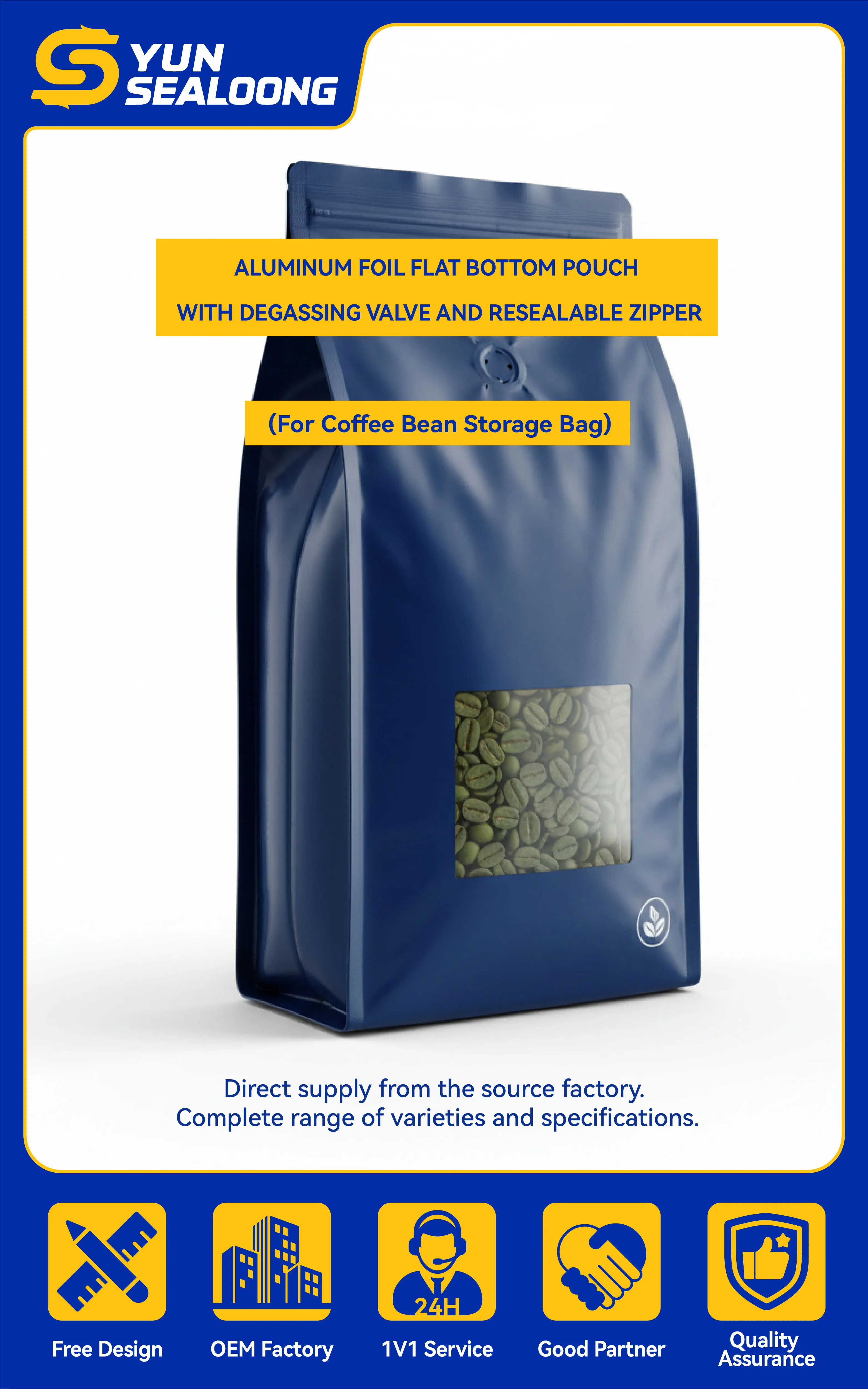 Custom Printed Aluminum Foil Flat Bottom Pouch with Degassing Valve and Resealable Zipper for Coffee Bean Storage Bag