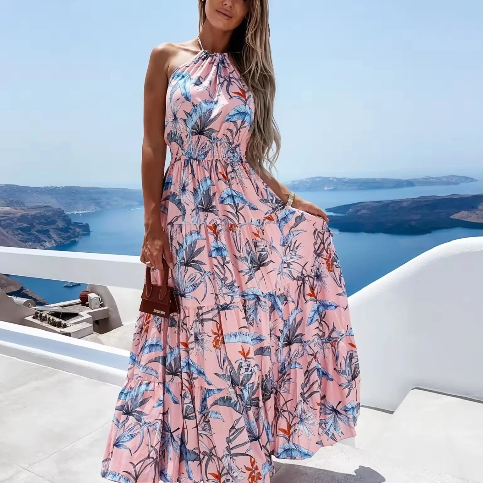 Women's 2024 Floral Boho Dress Wrap V Neck Short Sleeve Belted Ruffle Hem A-Line Flowy Maxi Dresses