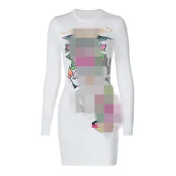 Fashion White Graphic Mini Dress Casual Party Outfits For Women 2023 Fall Long Sleeve Booty Short Dress