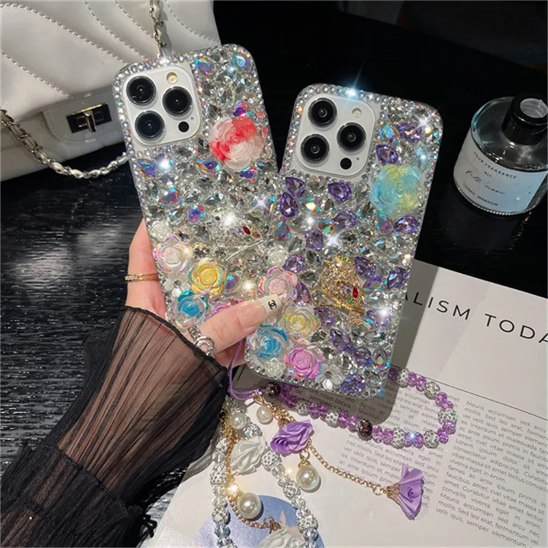 Luxury Design Glitter Diamond Case Flowers Rhinestone Phone Case For iPhone 15 14 13 Pro Max Samsung S24 S23 S22 A54 With Chain
