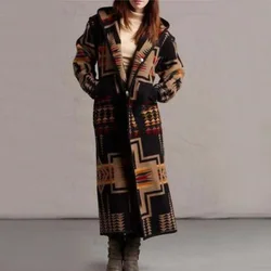 Western Clothing Women Lapel Floral Pattern Printed Hooded Aztec Cardigan Coat Plus Size 5XL Winter Coats For Ladies Trench