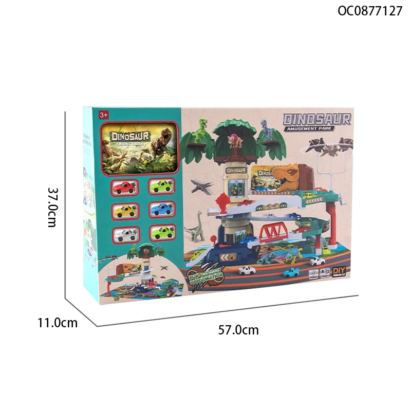 Boys games and dinosaur racing rail car slot toy track game set with 6 pcs mini cars