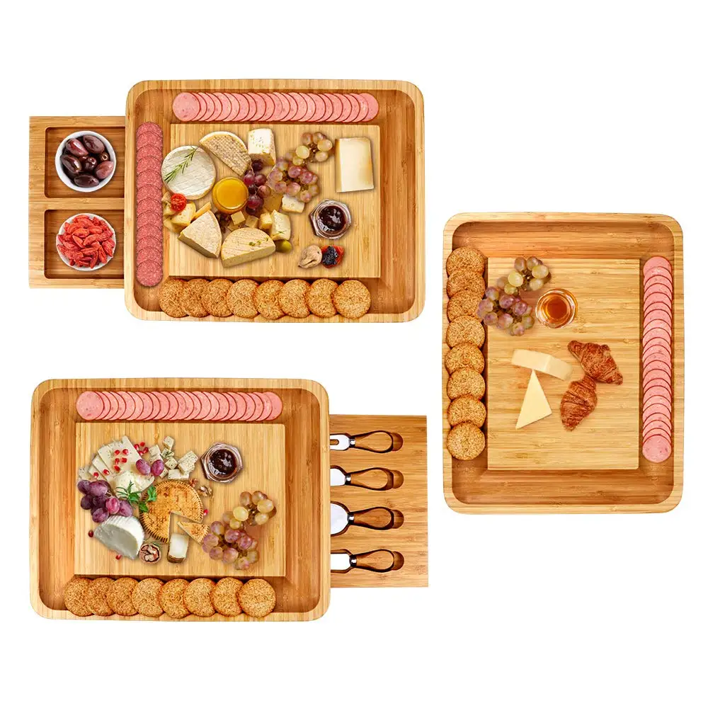 Bamboo Cheese Board with Plate Utensils Set and 4 Stainless Steel Cutting Knives for Display, Decorations