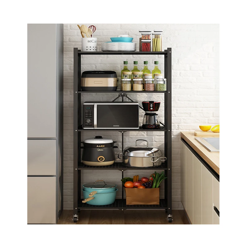 5 layers kitchen folding racks for home storage, collapsible organizer, retractable metal shelves with wheels for living room