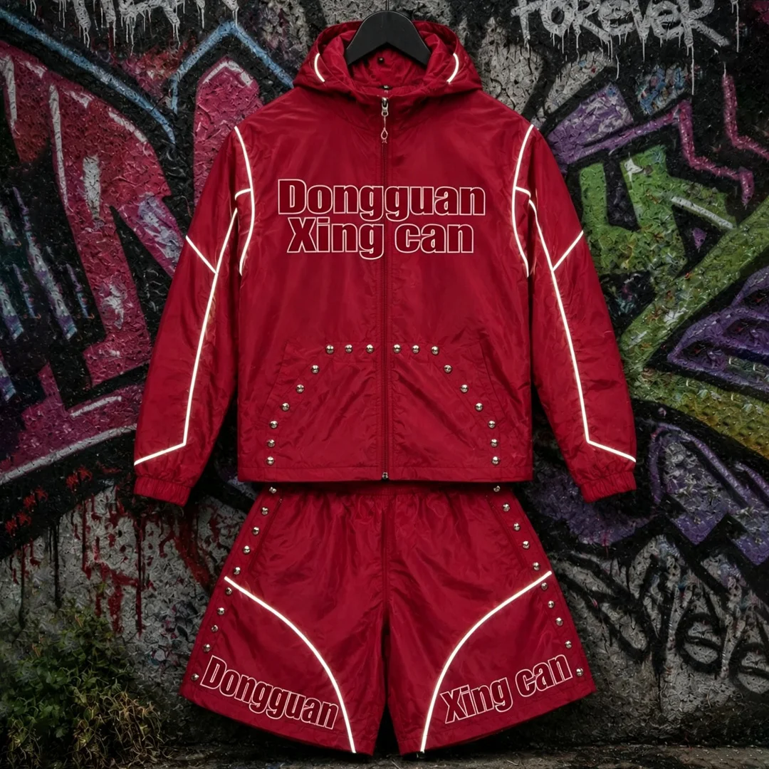 product custom streetwear nylon rivet tracksuit men full zip hooded windproof jacket screen printing matching shorts two piece set xxl-2