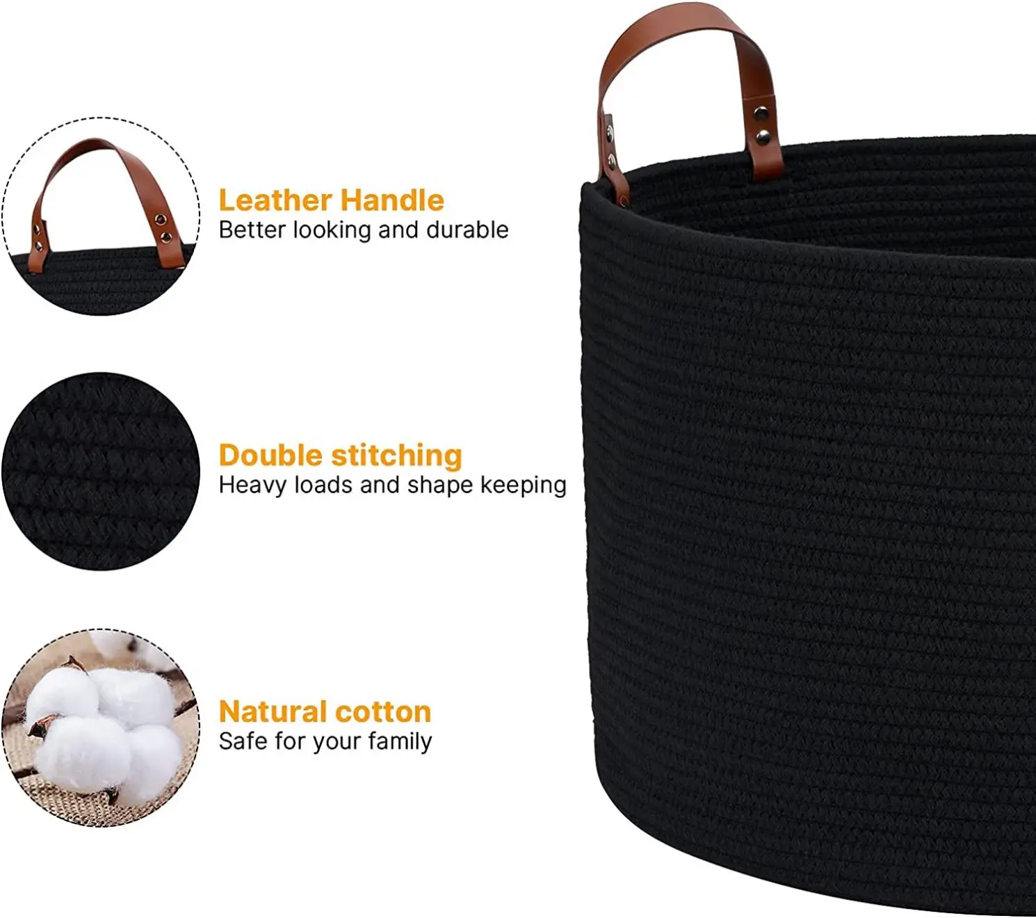 Black Large Basket for Blanket Storage Basket Bins for Organizing Cotton Rope Woven Laundry Hamper Hombins Round Basket Toy