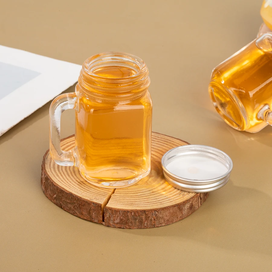 Portable Clear Honey Jam Storage Container Square Round 30ml Yogurt Pudding Juice Mason Glass Jar with Handle Metal Screw Lid