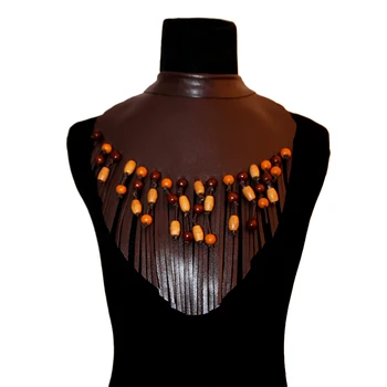 Faux Leather Brown African Choker Necklace With Wooden Beads