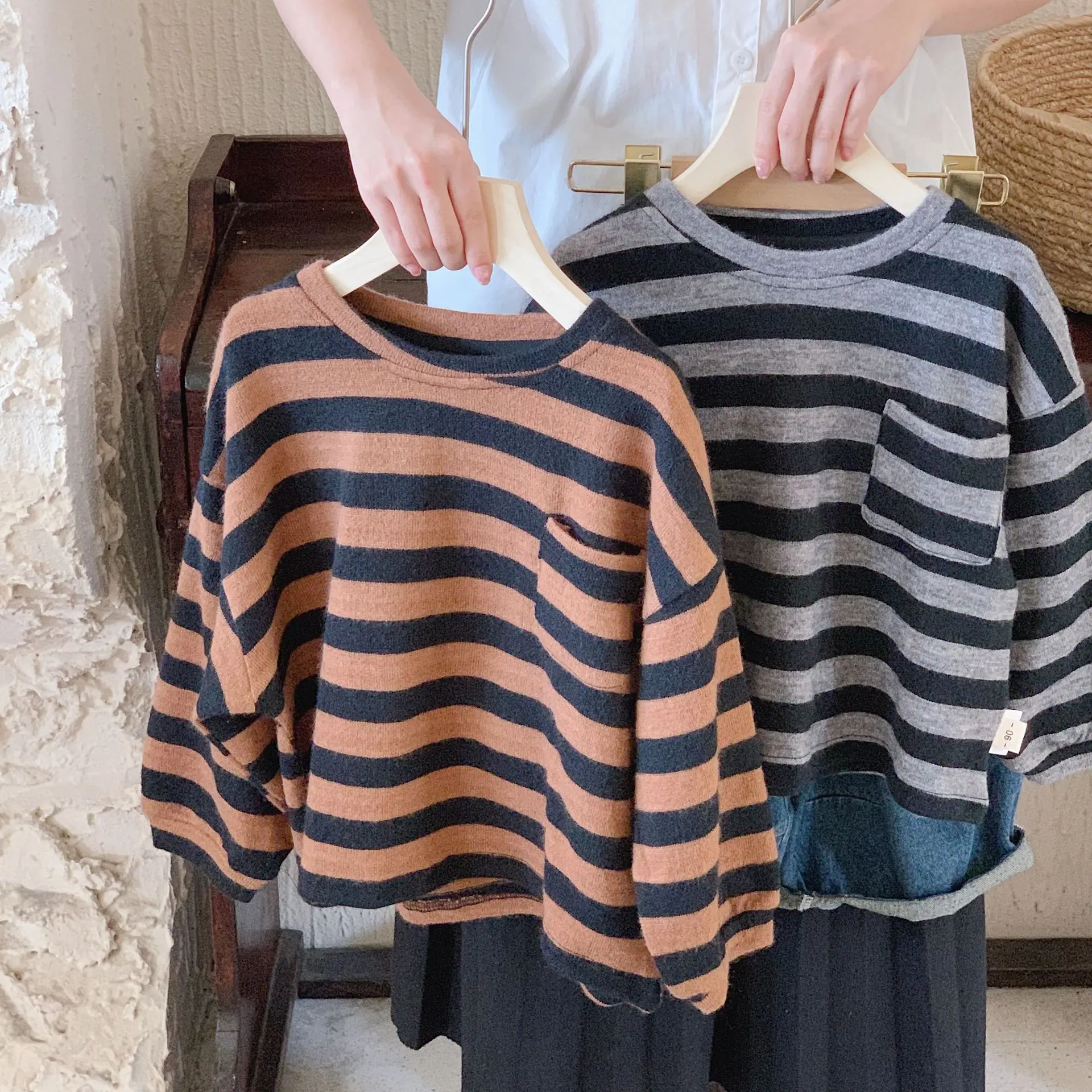 Kids cotton stripe T-shirt  Cotton Long Sleeve T-shirt girls spring autumn gray brown tees