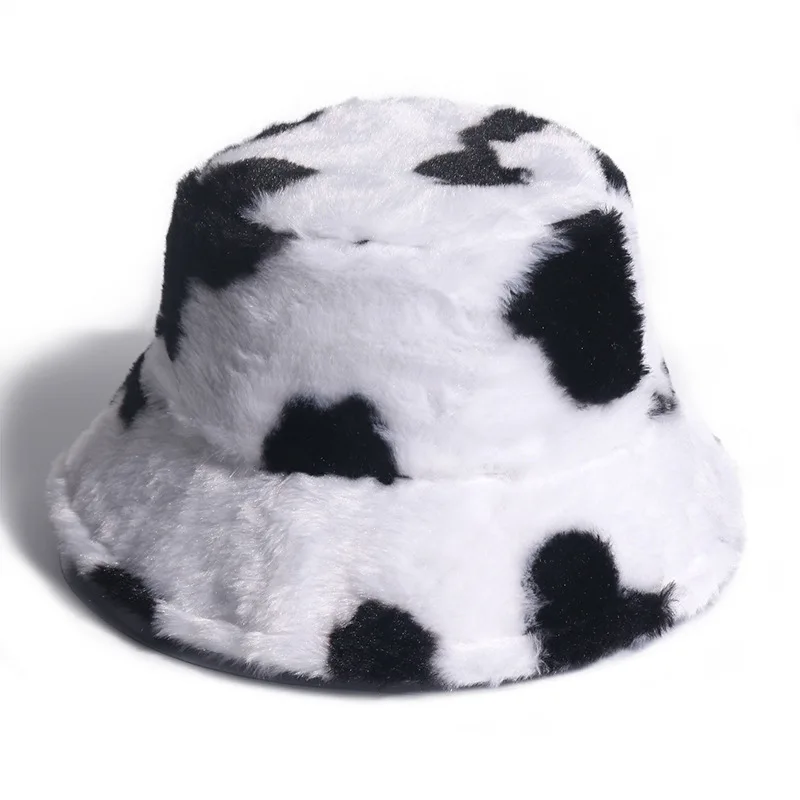 Newest Winter Faux Fur Bucket Hat Cow 