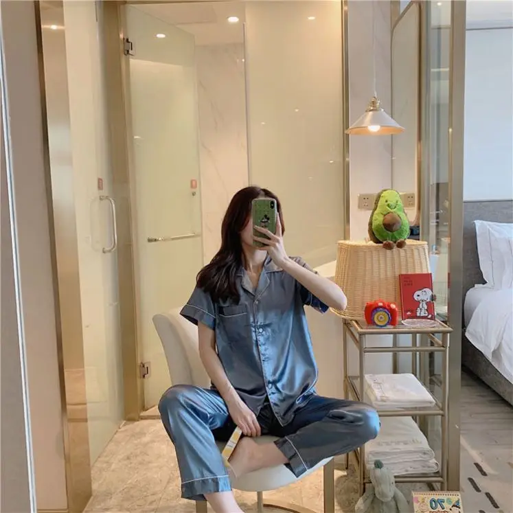 Spring and autumn pajamas satin long-sleeved trousers, solid color silk pajamas two-piece cardigan