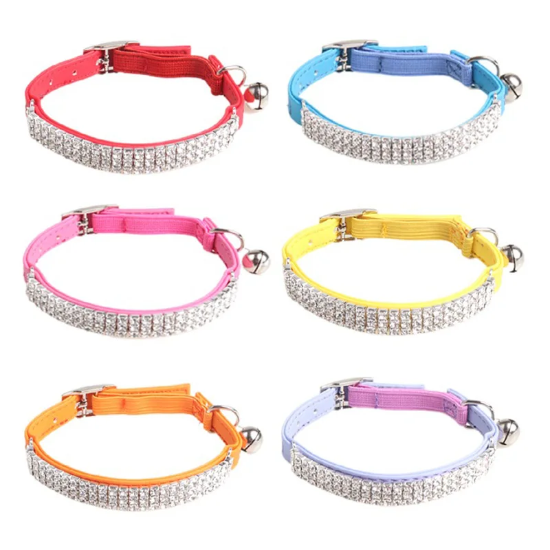 Wholesale Rhinestone Dog Cat Collar High Quality Pu Leather Puppy Cat Collar with Bell