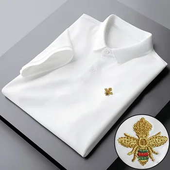 2025 new men's T-shirt summer ice silk ins fashion polo shirt business casual embroidered lapel long sleeved top