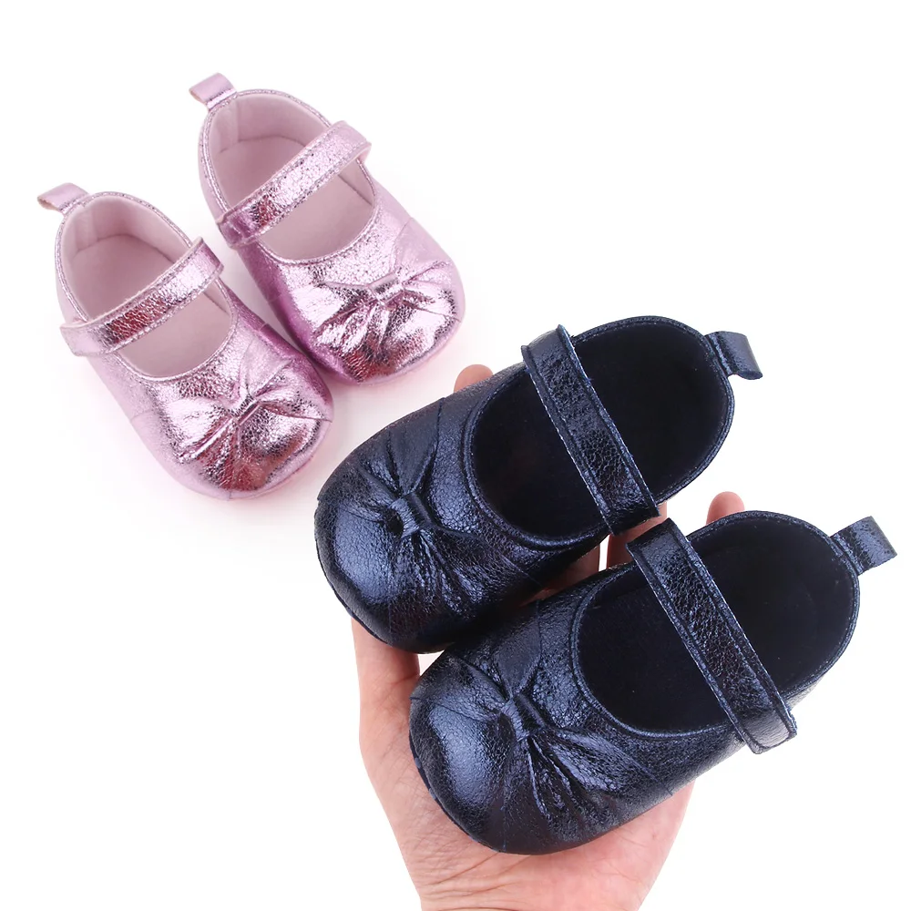 Spring and Autumn New Baby Girls Shiny Solid Color Bow Soft Soled Princess Walking Shoes details
