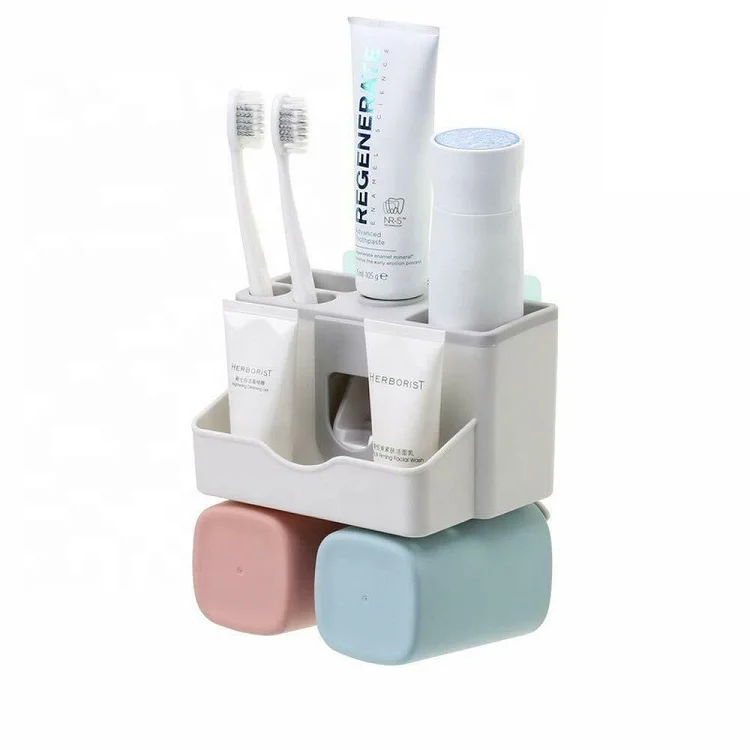 Wall Mounted Toothbrush Holder 2Cups Toothpaste Dispenser Bathroom Organizer Set 