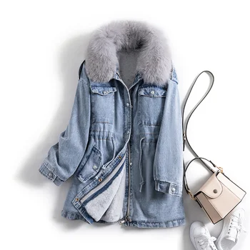 Factory custom stylish women winter jean jackets women's winter casual coat with fur collar