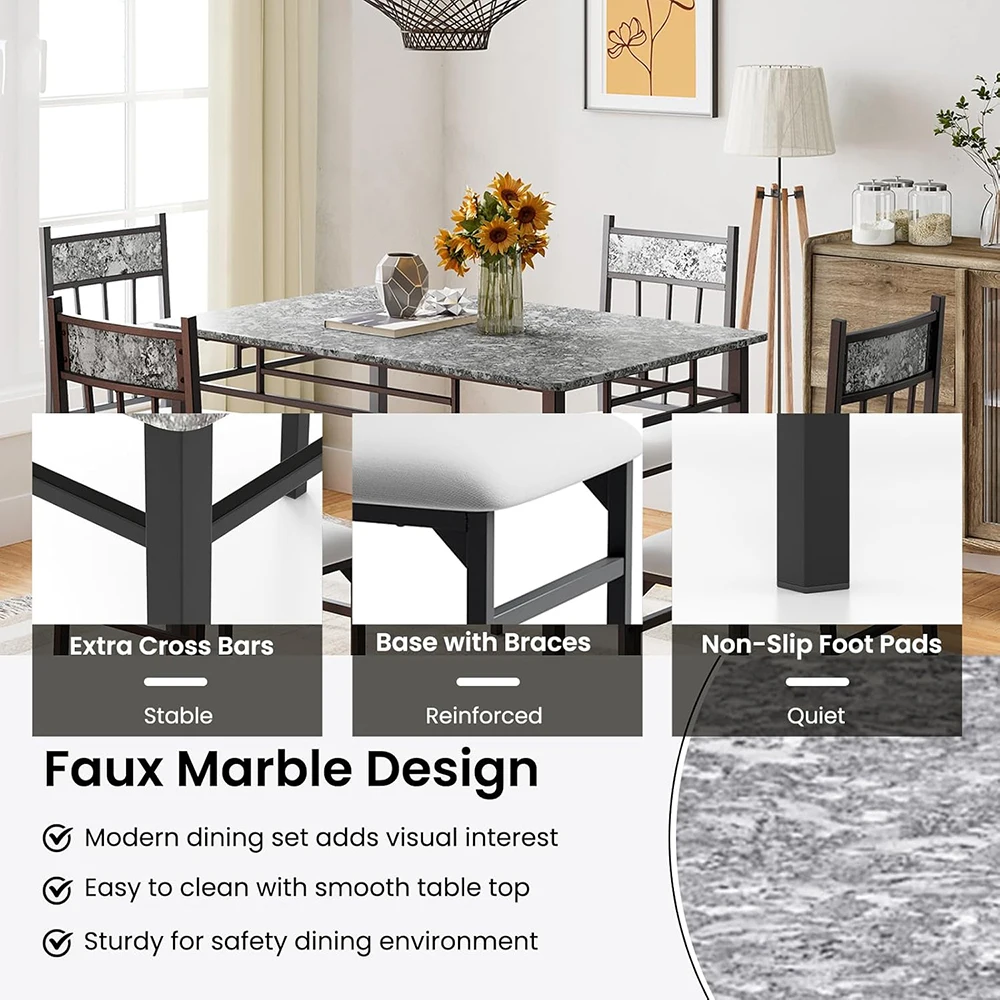 5-Piece Vintage Rectangular Dining Room Table Set 4 Faux Marble Kitchen Table Chairs Cushion Padded Seats Metal Wood Furniture manufacture