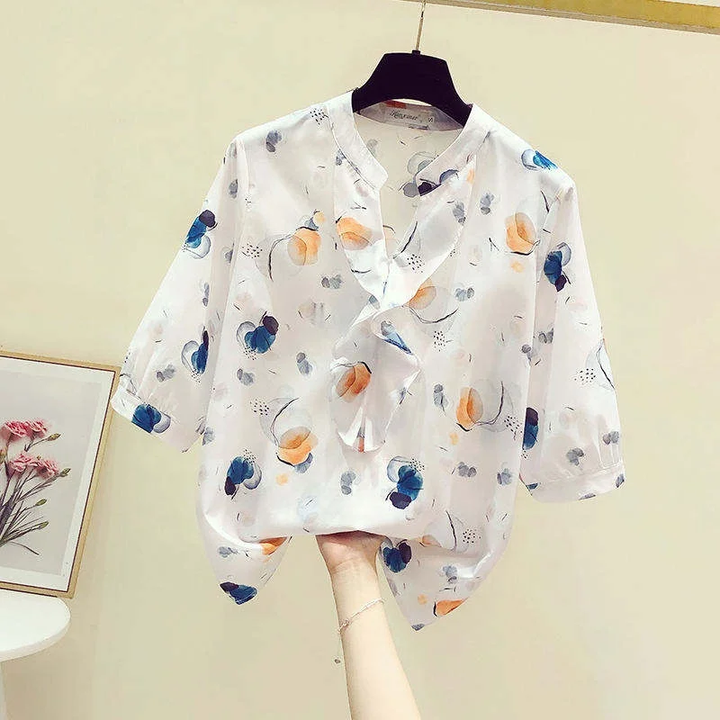 Women's Casual Short Sleeve Shirts Summer Printed V Neck Blouses Drawstring Ruffled Boho T Shirt Flowy Tunic