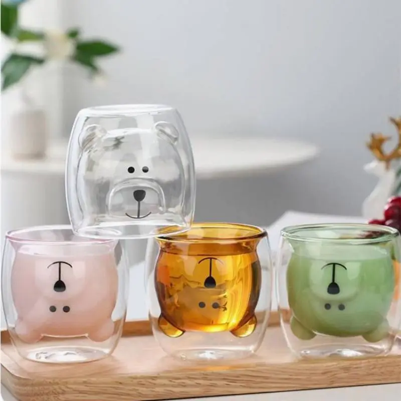 Double wall glass cute bear style heat insulation coffe cup water cup kids cups Eco Friendly