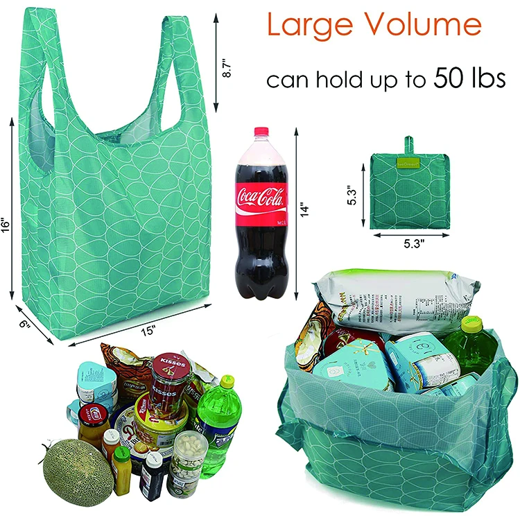 eco-friendly resusable food packaging bag sturdy lightweight fold waterproof nylon shopping grocery tote bag