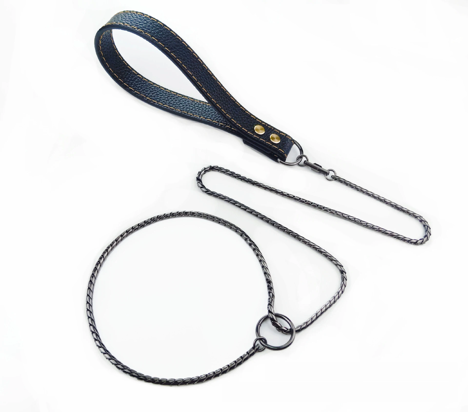 Snake Dog Collar and Leather Chain Stainless Steel Dog Leash with Leather Handle