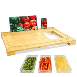 Original Bamboo Cutting Board With Handle For Kitchen, With Built-In Compartments And Juice Grooves Placing a tablet