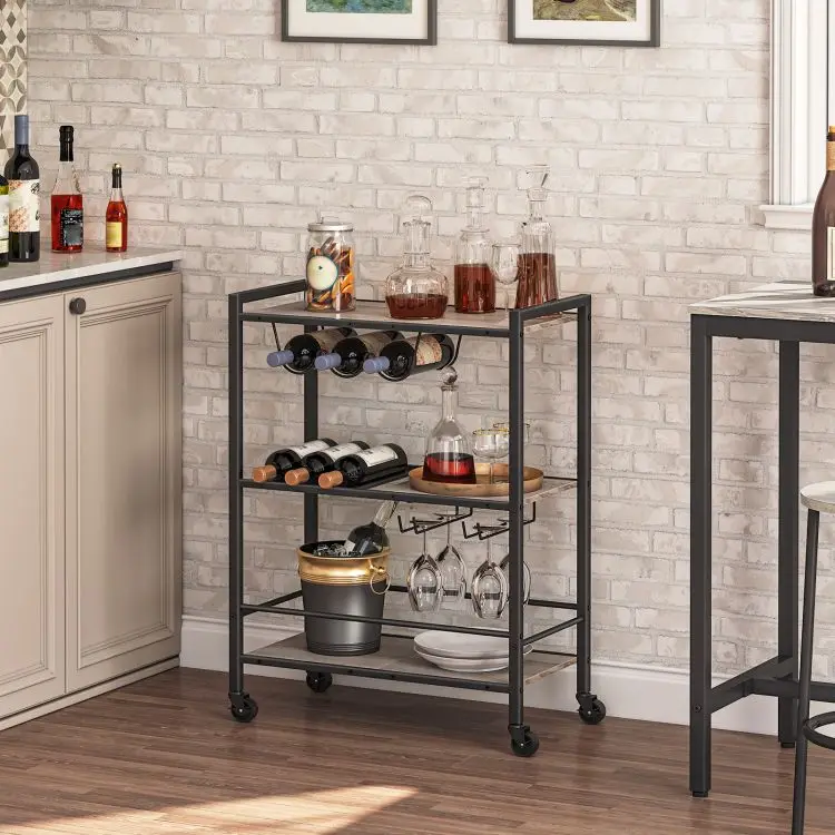 Wholesale 3 Tier Bar Cart Kitchen Serving Trolley Storage Rack Shelf with Wheels Wooden Rolling Cart for Dining Room