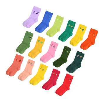 New designs solid color socks fashion embroidered fruit style women socks cotton