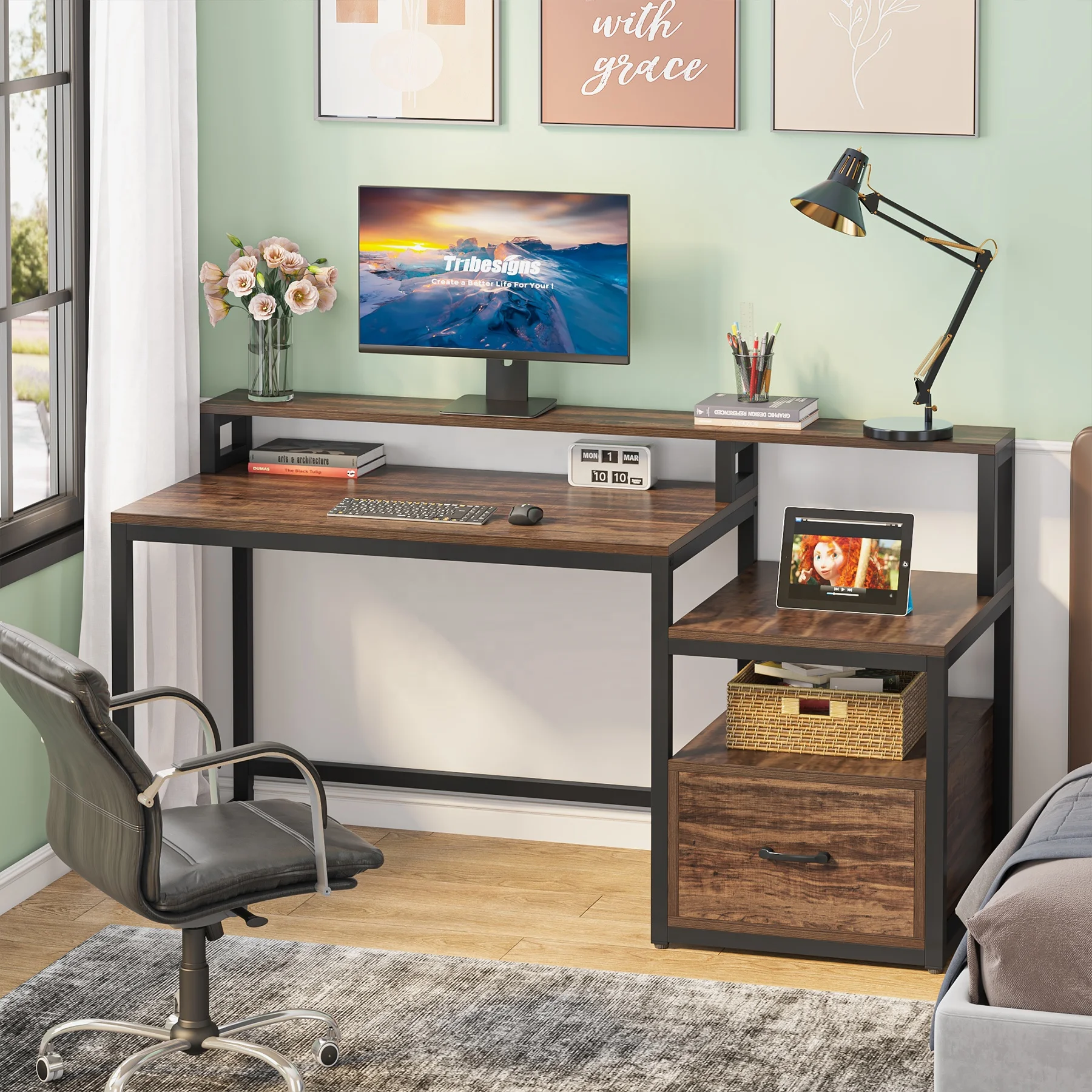 Rustic Brown home Computer Desk with File Drawer student writing 59 inch Study desktop table Home Office