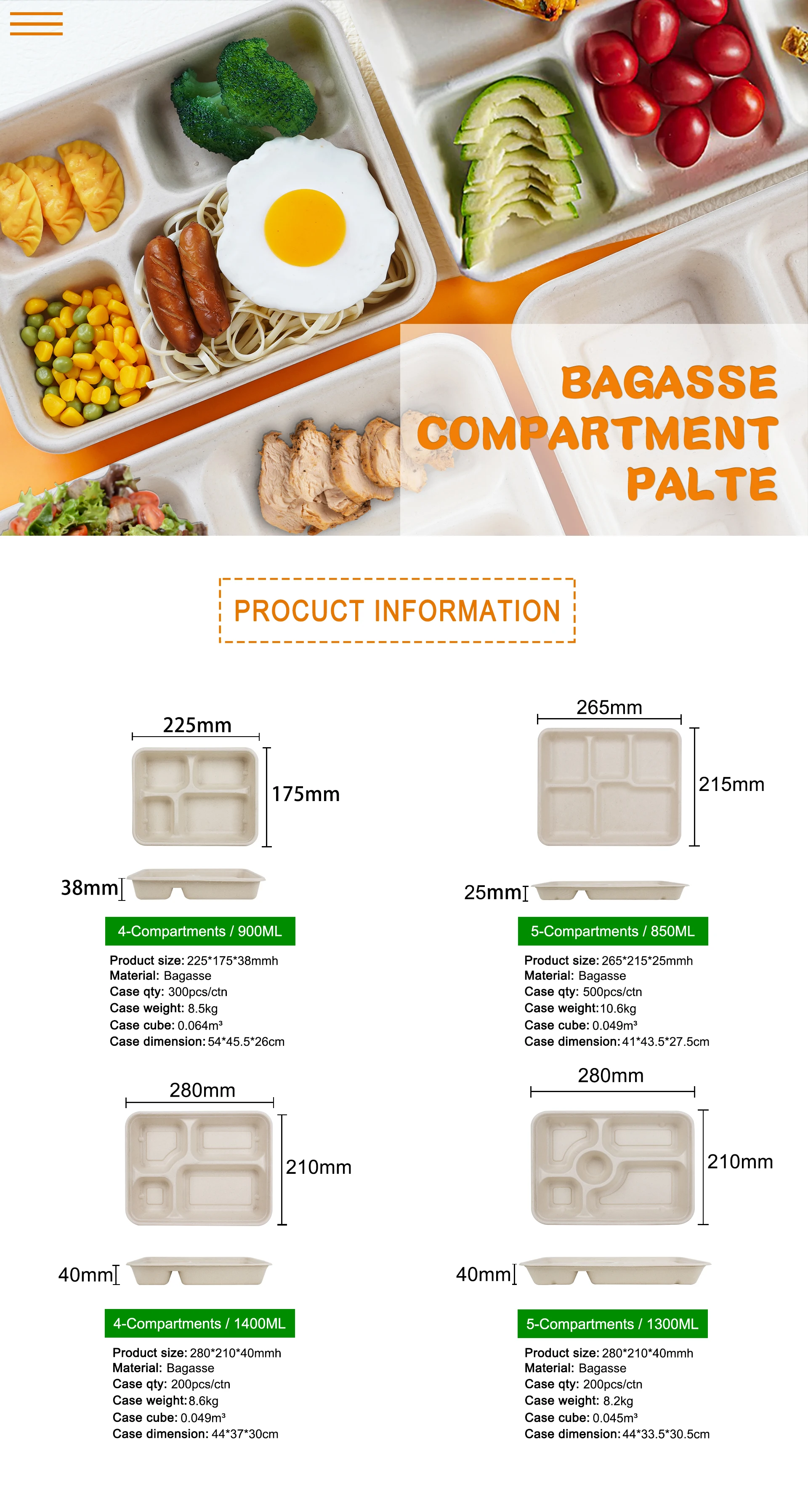 Oolima Pack Disposable Bagasse Compartment Plate Biodegradable Food