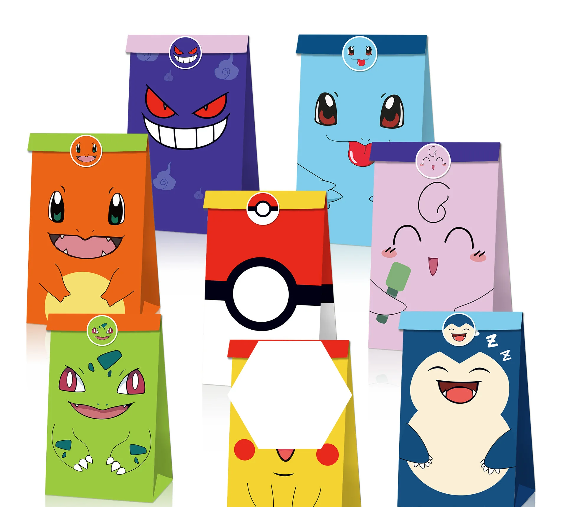 2023 Poke Candy Bag Snorlax Gengar Paperbag 12pcs bags+18 stickers Pokemoned Sets Kraft Paper Gift Bag For Kids