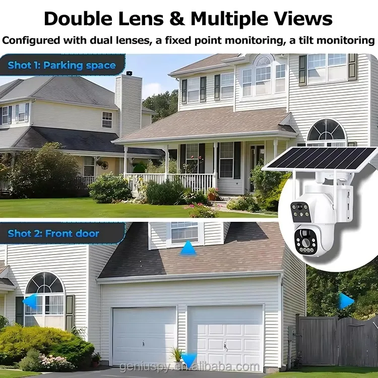 Camhipro Low Power Dual-lens 4MP Wi-Fi/ 4G Wireless Dome PTZ Pan Tilt Solar Battery Camera With Dual PIR Motion Detection Alarm