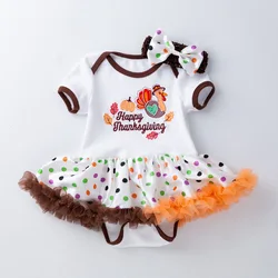 Wholesale Embroidered Cartoon Turkey Hiking Suit Fluffy Skirt With Bowknot Set For Thanksgiving Baby Clothing Sets