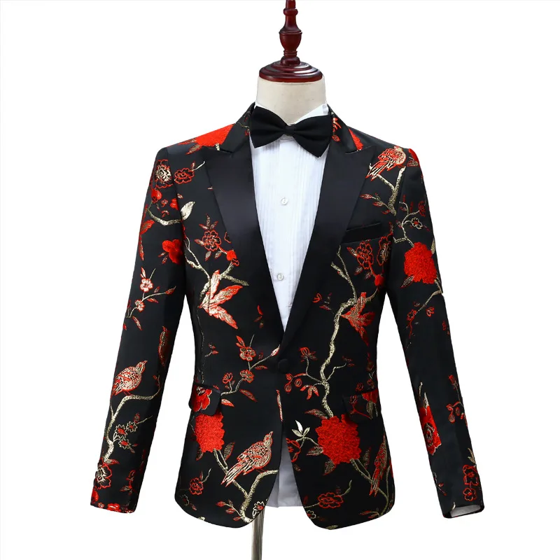 Custom Men's Woodpecker Jacquard Suit Host MC Stage 2 Pieces Blazer and Pants Banquet Party Wedding Blazers