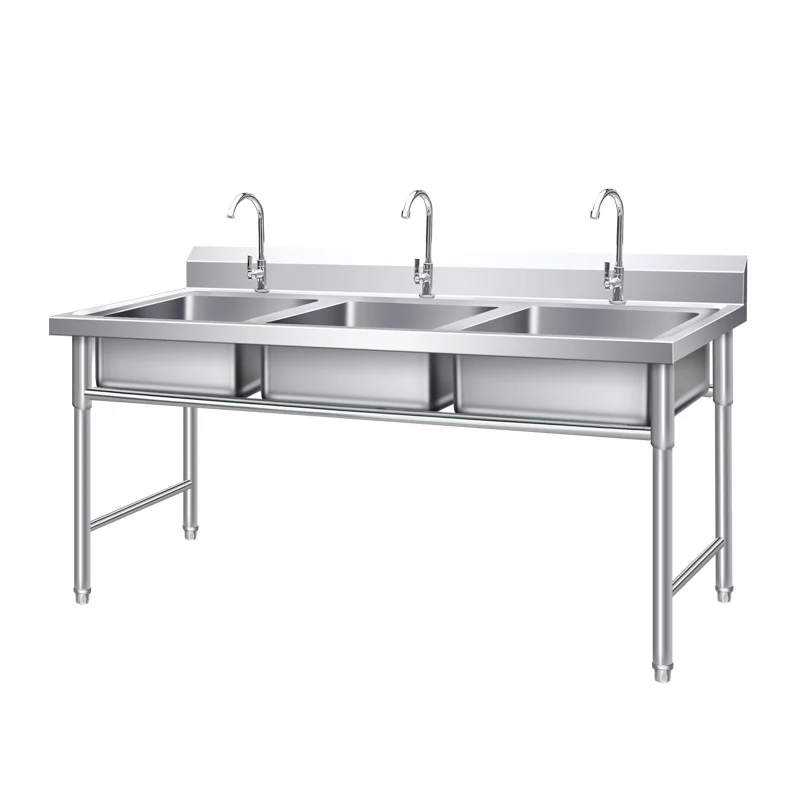 Stainless Steel Catering Sink Commercial Kitchen 3 Bowls Washing With Backsplash 