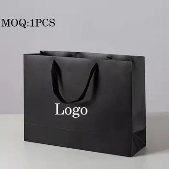 Luxury Black Gift Paper Bag Custom Printed Logo For Shoes Clothes Shopping Wedding Gift Jewelry Packaging With Ribbon Handles