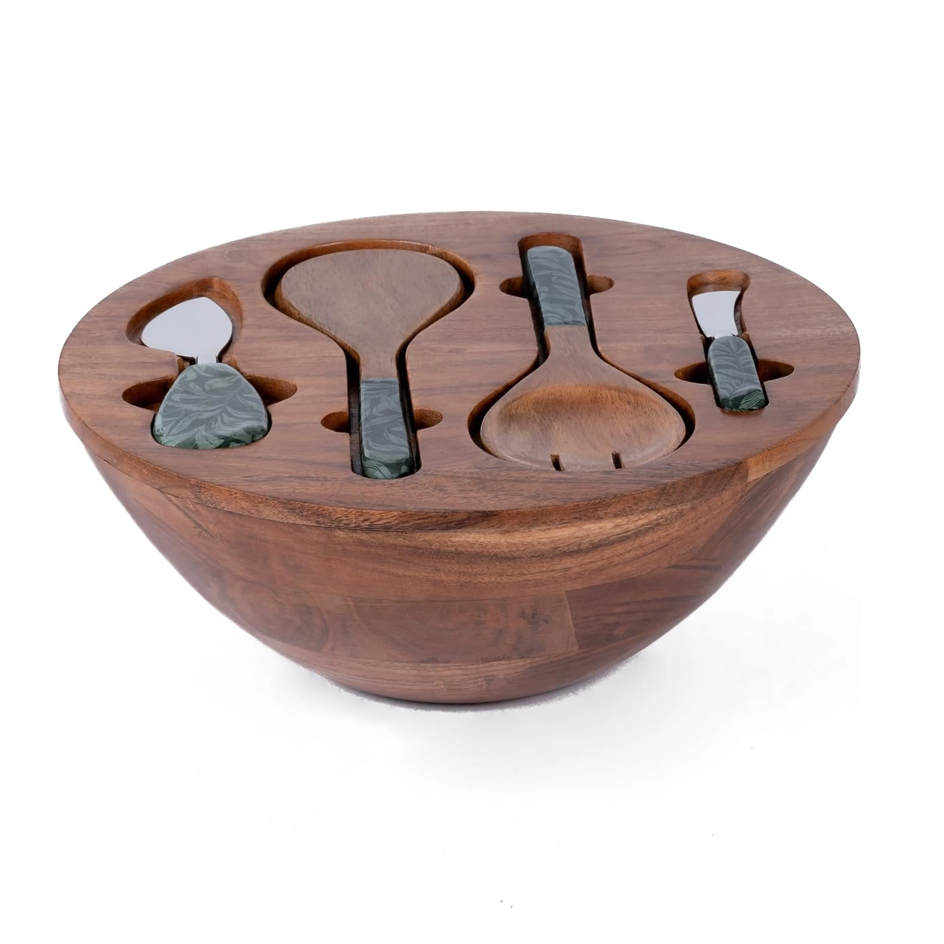 product acacia wood salad bowl set with utensils enamel printed salad spatula and cheese knife serving bowl with lid for kitchen party-6