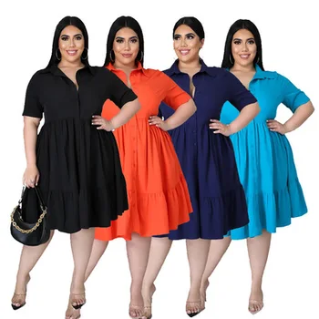 wholesale Hot selling fashion female Pure color plus size fat ladies short sleeve shirt dress mini shirt casual dress